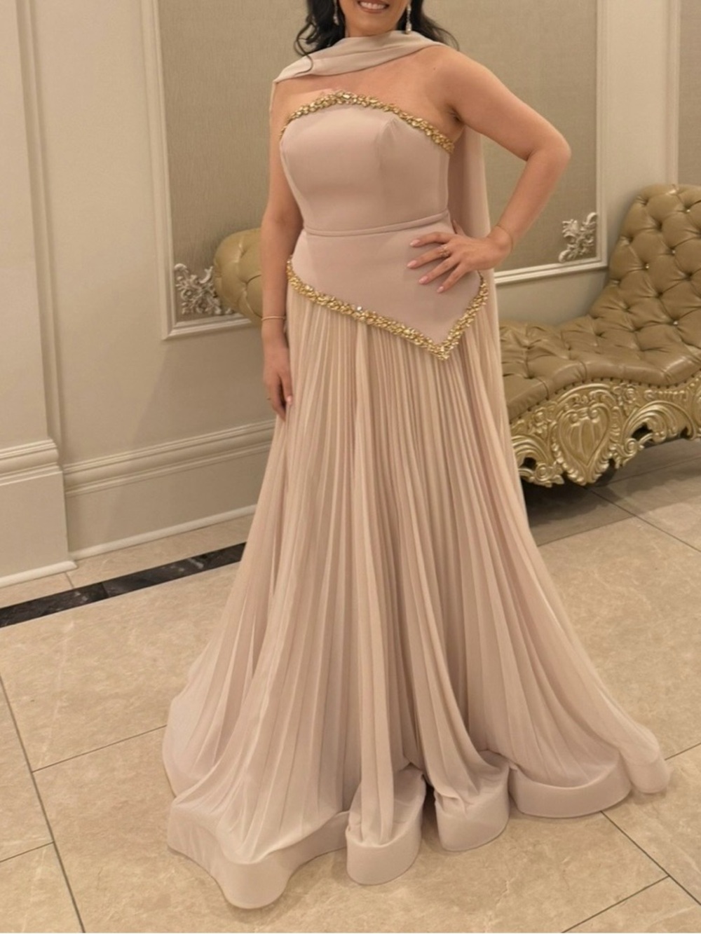 Cream One-Shoulder Pleated Prom Gown with Gold Bead Trim